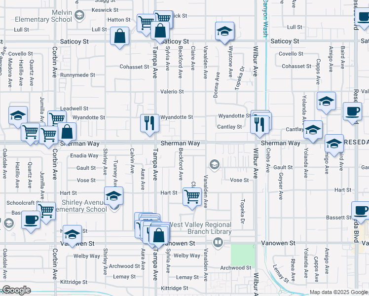 map of restaurants, bars, coffee shops, grocery stores, and more near 19148 Enadia Way in Los Angeles