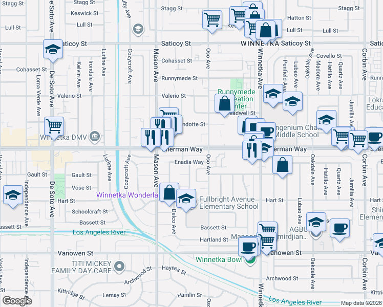 map of restaurants, bars, coffee shops, grocery stores, and more near 20326 Enadia Way in Los Angeles