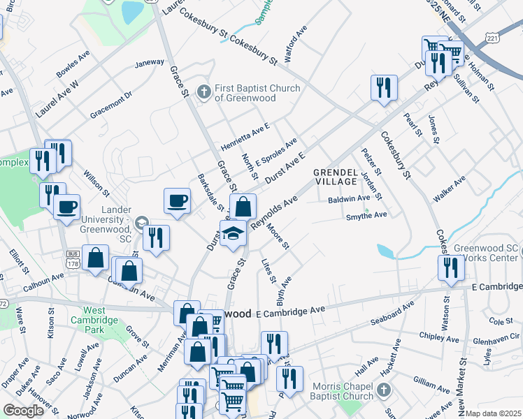map of restaurants, bars, coffee shops, grocery stores, and more near 112 Reynolds Avenue in Greenwood
