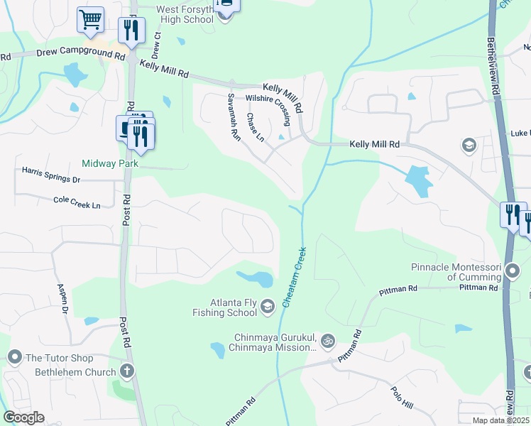 map of restaurants, bars, coffee shops, grocery stores, and more near 6040 Ashborough Park in Cumming