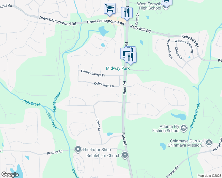 map of restaurants, bars, coffee shops, grocery stores, and more near 5275 Cole Creek Lane in Cumming