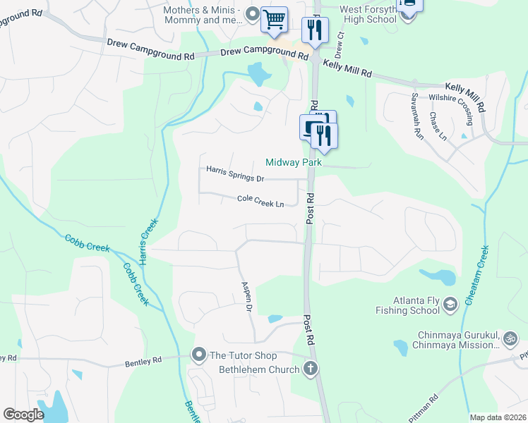 map of restaurants, bars, coffee shops, grocery stores, and more near 5510 Lilac Pass in Cumming