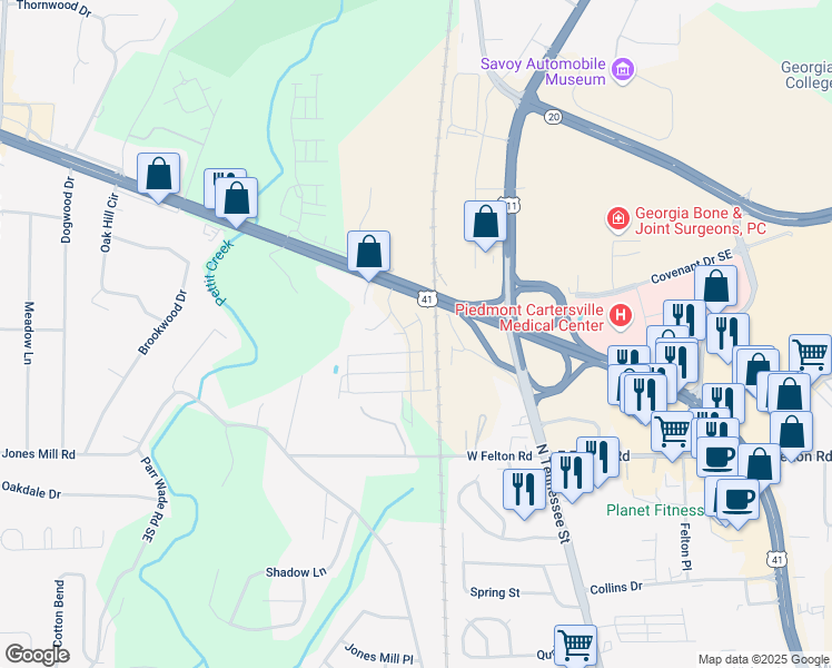 map of restaurants, bars, coffee shops, grocery stores, and more near 1049 Paddington Drive in Cartersville