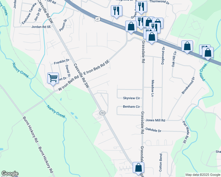 map of restaurants, bars, coffee shops, grocery stores, and more near 30 Grove Circle in Cartersville