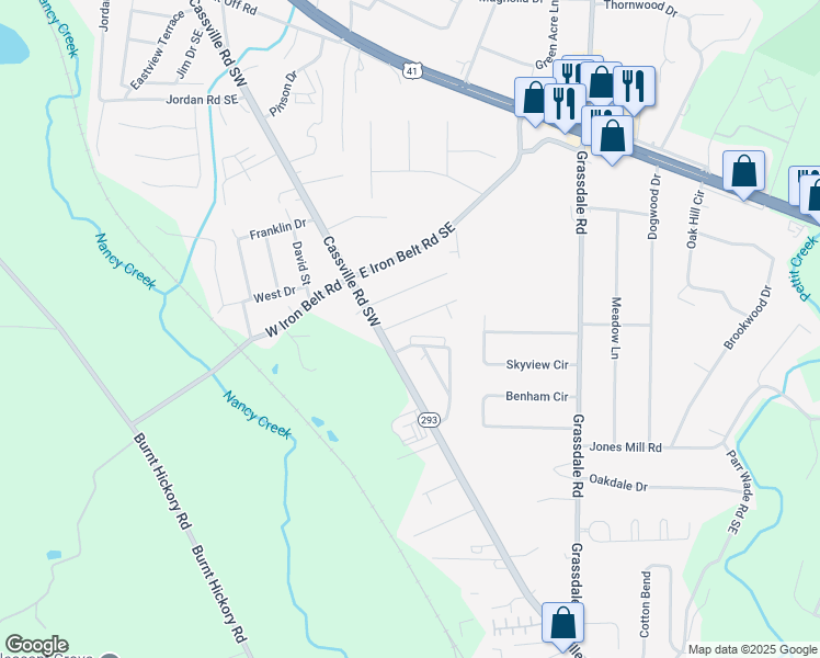 map of restaurants, bars, coffee shops, grocery stores, and more near 617 Cassville Road Southeast in Cartersville