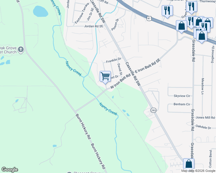 map of restaurants, bars, coffee shops, grocery stores, and more near 22 West Iron Belt Road in Cartersville