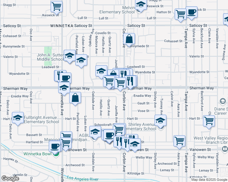 map of restaurants, bars, coffee shops, grocery stores, and more near 7128 Jumilla Avenue in Los Angeles