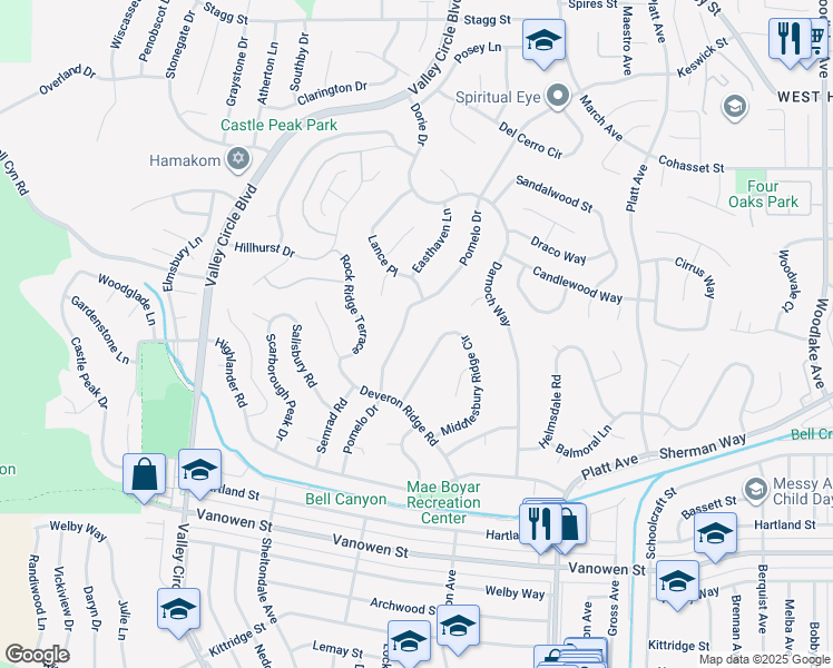 map of restaurants, bars, coffee shops, grocery stores, and more near 7152 Pomelo Drive in Los Angeles