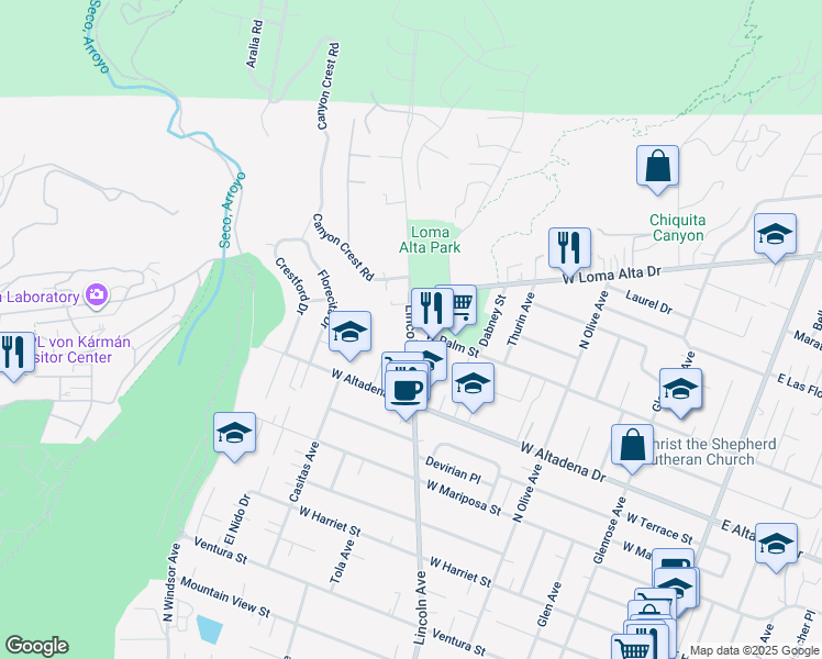 map of restaurants, bars, coffee shops, grocery stores, and more near Lincoln Avenue & West Palm Street in Altadena