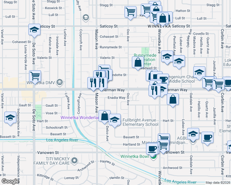 map of restaurants, bars, coffee shops, grocery stores, and more near 20326 Enadia Way in Los Angeles