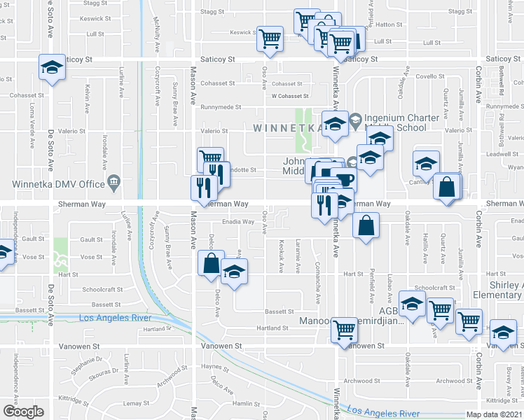 map of restaurants, bars, coffee shops, grocery stores, and more near 20300 Sherman Way in Los Angeles