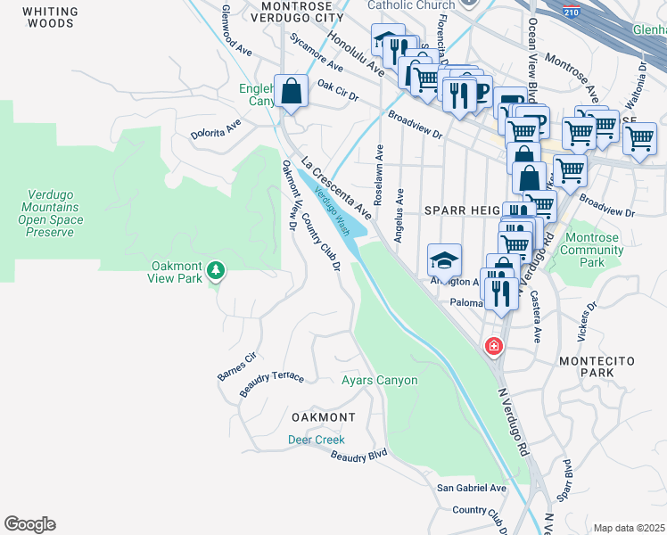 map of restaurants, bars, coffee shops, grocery stores, and more near 3379 Country Club Drive in Glendale