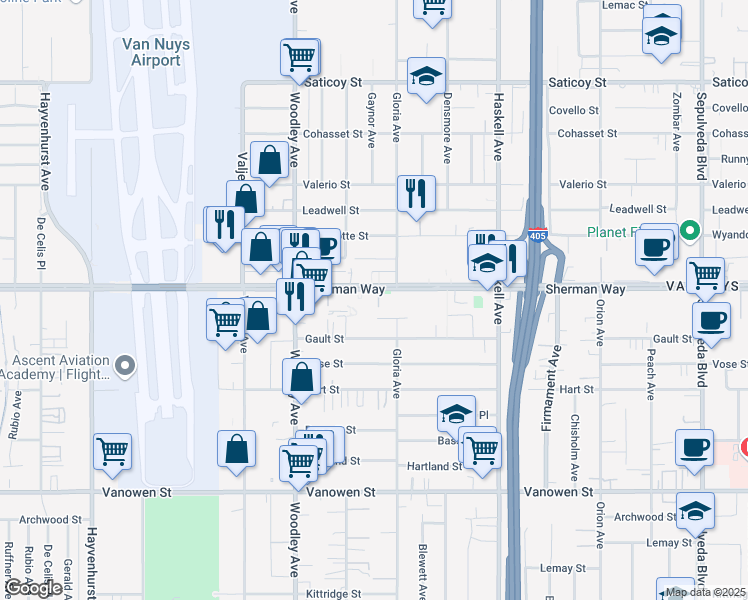 map of restaurants, bars, coffee shops, grocery stores, and more near 15946 Sherman Way in Los Angeles