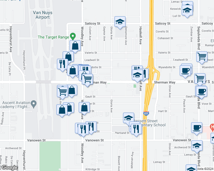 map of restaurants, bars, coffee shops, grocery stores, and more near 15920 Sherman Way in Los Angeles