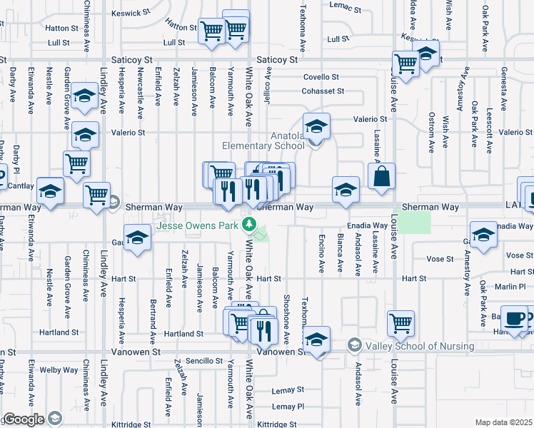 map of restaurants, bars, coffee shops, grocery stores, and more near 7132 White Oak Avenue in Los Angeles