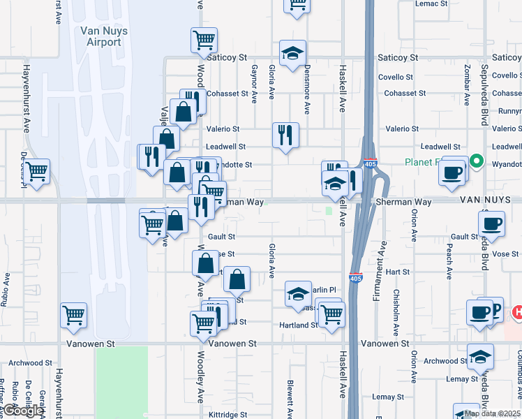 map of restaurants, bars, coffee shops, grocery stores, and more near 15920 Sherman Way in Los Angeles
