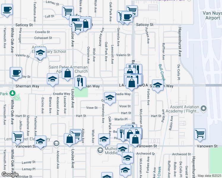map of restaurants, bars, coffee shops, grocery stores, and more near 17026 Sherman Way in Los Angeles