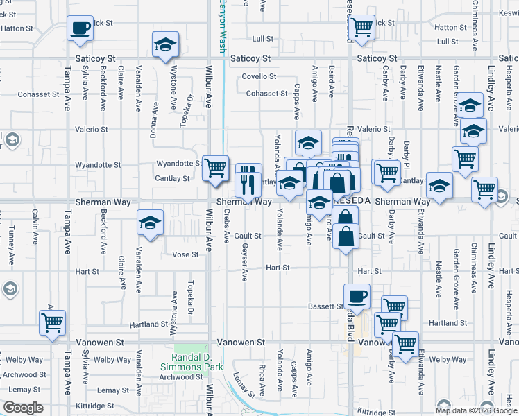 map of restaurants, bars, coffee shops, grocery stores, and more near 18738 Sherman Way in Los Angeles