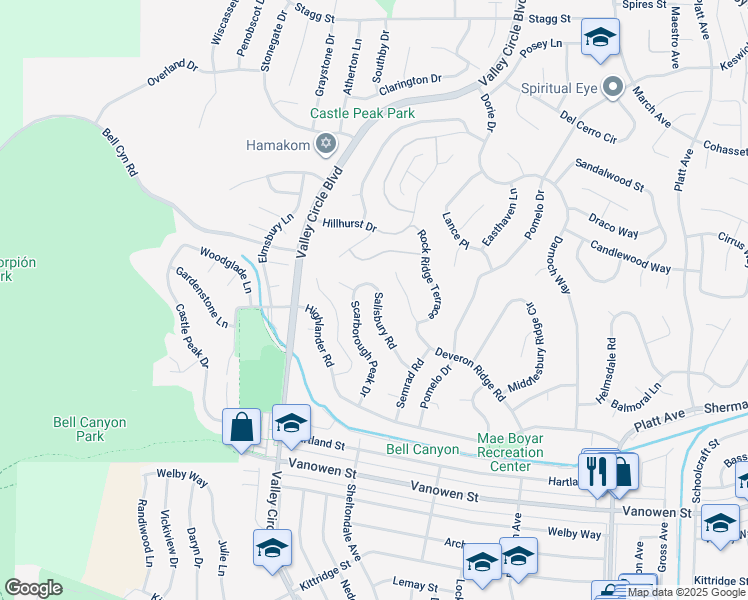 map of restaurants, bars, coffee shops, grocery stores, and more near 7123 Salisbury Road in Los Angeles