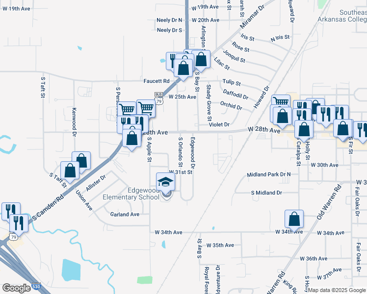 map of restaurants, bars, coffee shops, grocery stores, and more near 2816 Edgewood Drive in Pine Bluff
