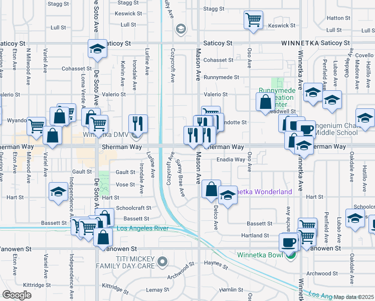 map of restaurants, bars, coffee shops, grocery stores, and more near 20524 Sherman Way in Los Angeles