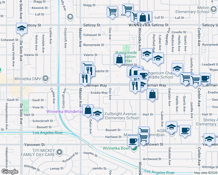 map of restaurants, bars, coffee shops, grocery stores, and more near 20300 Sherman Way in Los Angeles