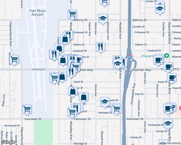 map of restaurants, bars, coffee shops, grocery stores, and more near 15946 Sherman Way in Los Angeles
