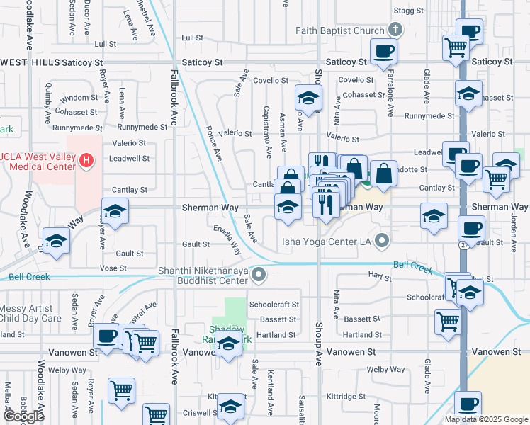 map of restaurants, bars, coffee shops, grocery stores, and more near 22523 Enadia Way in Los Angeles
