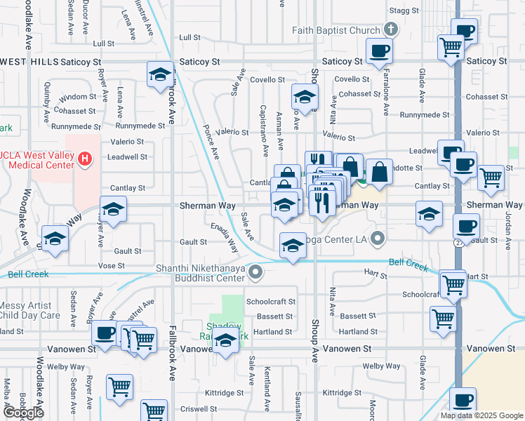 map of restaurants, bars, coffee shops, grocery stores, and more near 22523 Enadia Way in Los Angeles