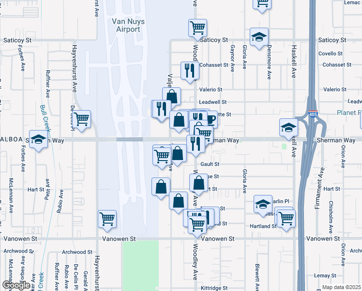 map of restaurants, bars, coffee shops, grocery stores, and more near 7124 Valjean Avenue in Los Angeles