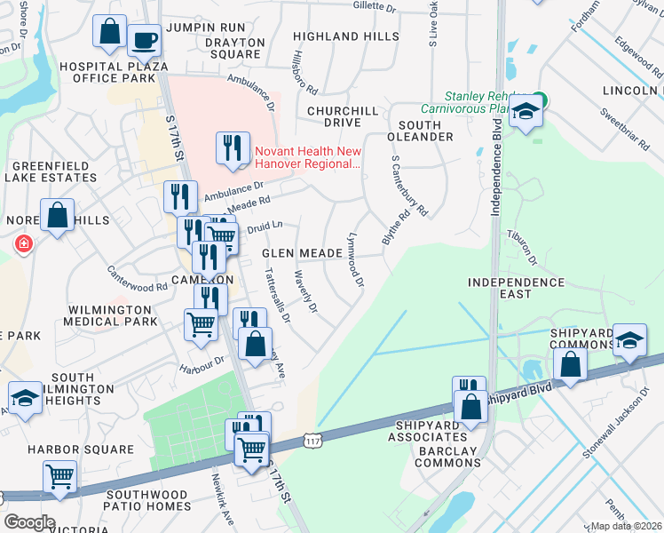 map of restaurants, bars, coffee shops, grocery stores, and more near 2229 Lynnwood Drive in Wilmington
