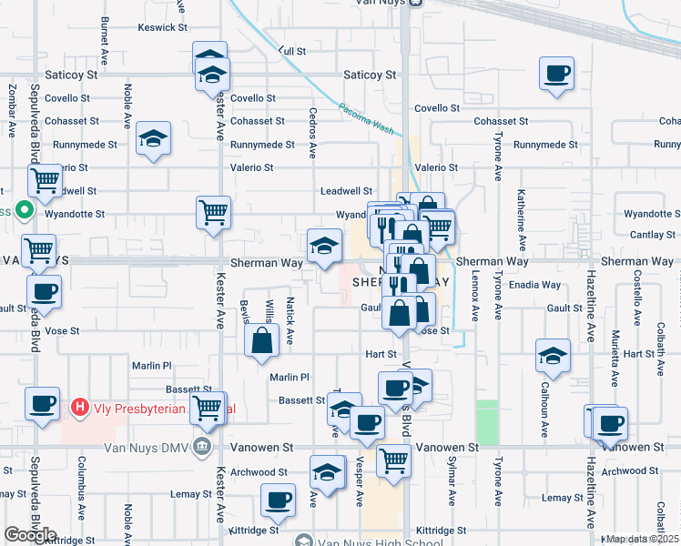 map of restaurants, bars, coffee shops, grocery stores, and more near Sherman Way in Van Nuys