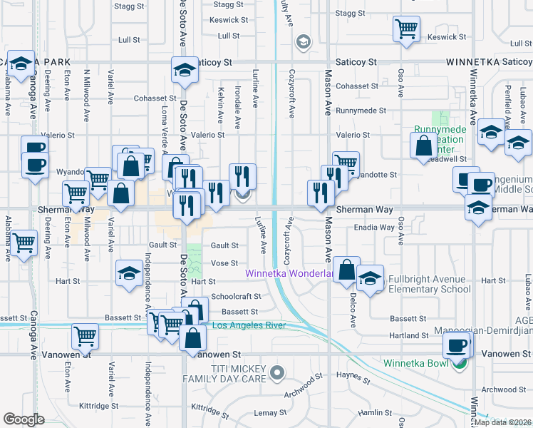 map of restaurants, bars, coffee shops, grocery stores, and more near 20644 Sherman Way in Los Angeles