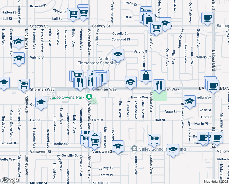 map of restaurants, bars, coffee shops, grocery stores, and more near 17521 Sherman Way in Los Angeles