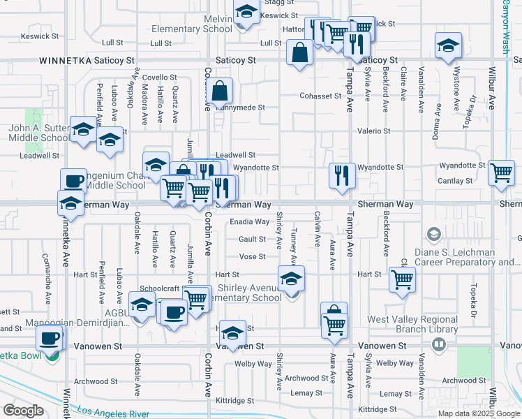 map of restaurants, bars, coffee shops, grocery stores, and more near 19540 Sherman Way in Los Angeles