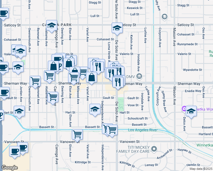 map of restaurants, bars, coffee shops, grocery stores, and more near 20943 Sherman Way in Los Angeles