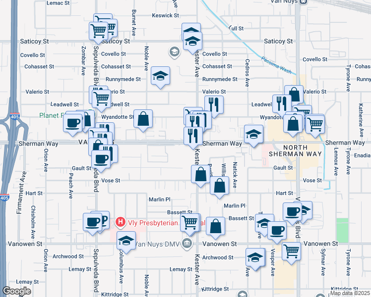 map of restaurants, bars, coffee shops, grocery stores, and more near 7117 Kester Avenue in Los Angeles