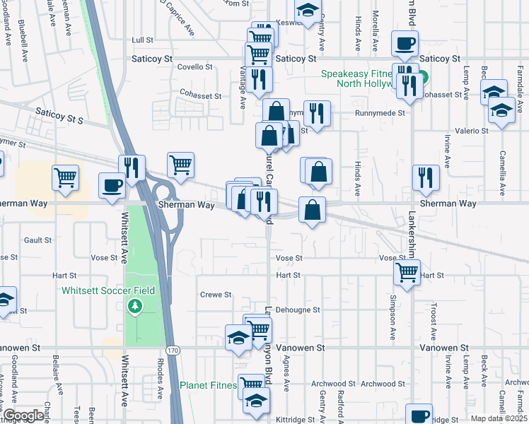 map of restaurants, bars, coffee shops, grocery stores, and more near 7209 Laurel Canyon Boulevard in Los Angeles