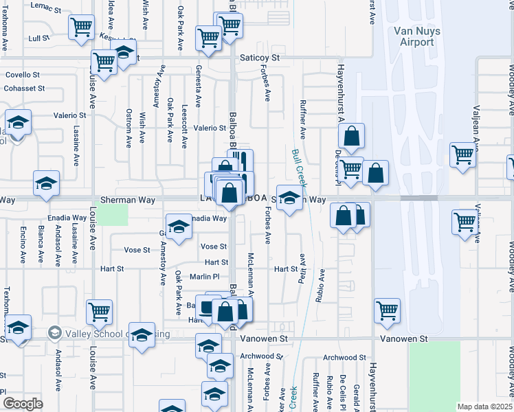 map of restaurants, bars, coffee shops, grocery stores, and more near 16812 Sherman Way in Los Angeles