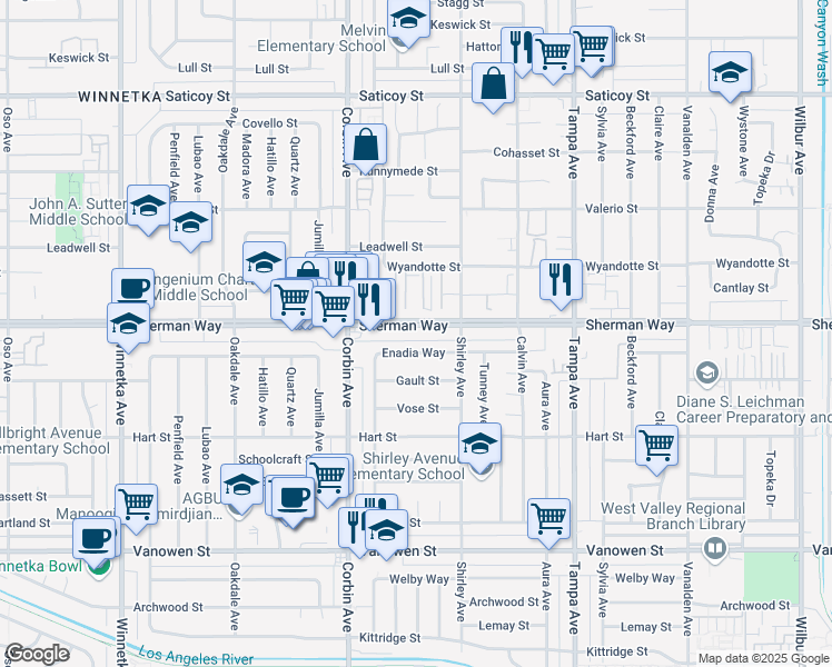 map of restaurants, bars, coffee shops, grocery stores, and more near 19540 Sherman Way in Los Angeles