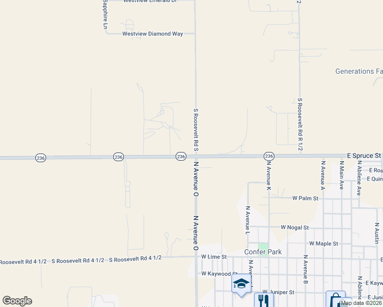 map of restaurants, bars, coffee shops, grocery stores, and more near 392 South Roosevelt Road South in Portales