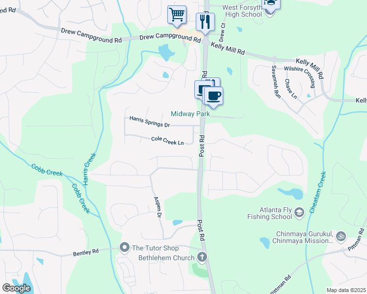 map of restaurants, bars, coffee shops, grocery stores, and more near 5265 Cole Creek Lane in Cumming