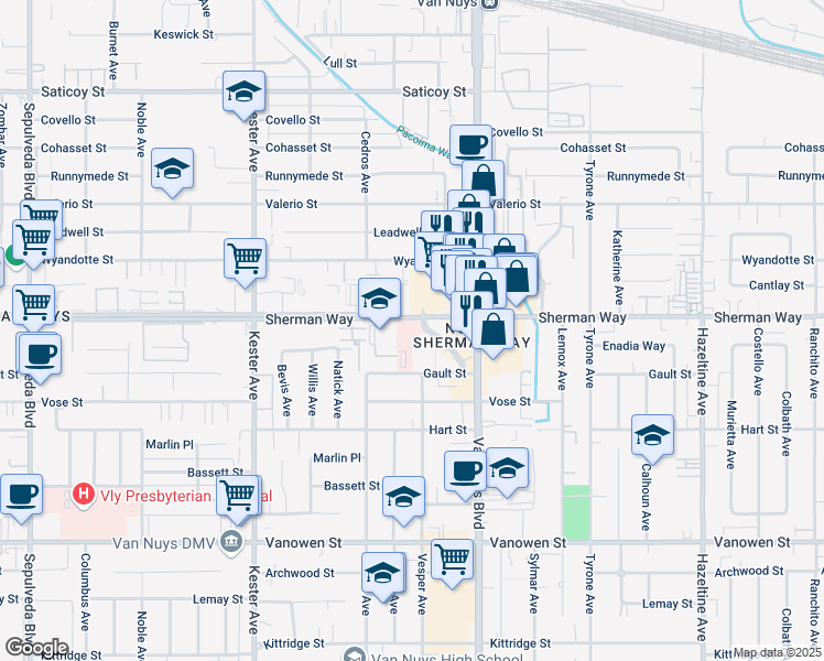 map of restaurants, bars, coffee shops, grocery stores, and more near 14615 Sherman Way in Los Angeles