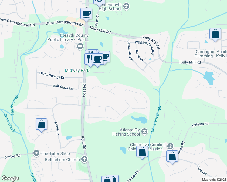 map of restaurants, bars, coffee shops, grocery stores, and more near 5315 Jonathans Way in Cumming