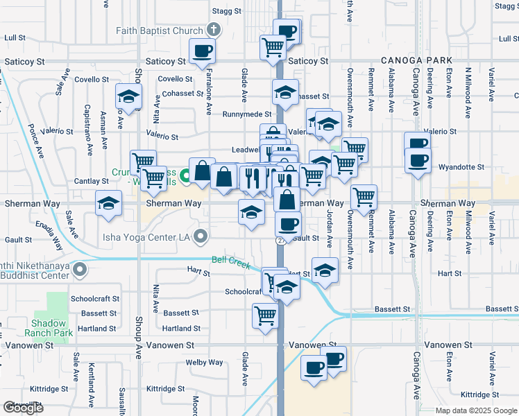 map of restaurants, bars, coffee shops, grocery stores, and more near 22063 Sherman Way in Los Angeles