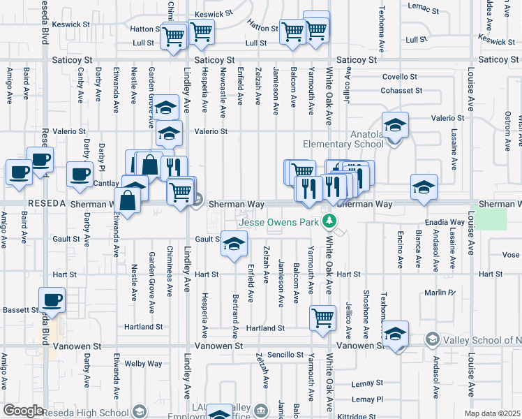 map of restaurants, bars, coffee shops, grocery stores, and more near 17900 Sherman Way in Los Angeles