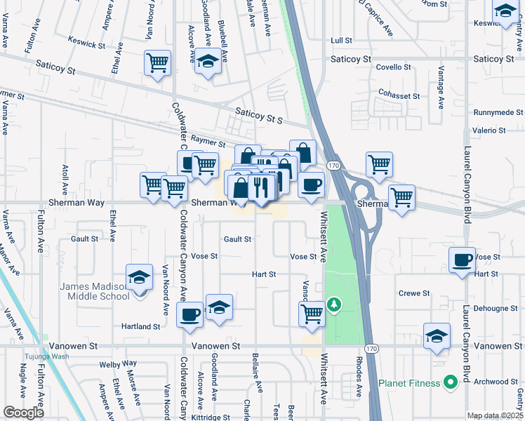 map of restaurants, bars, coffee shops, grocery stores, and more near 12643 Sherman Way in Los Angeles