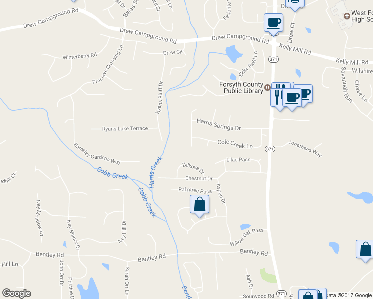 map of restaurants, bars, coffee shops, grocery stores, and more near 5475 Copper Creek Pass in Cumming