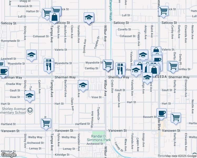 map of restaurants, bars, coffee shops, grocery stores, and more near 18945 Sherman Way in Los Angeles