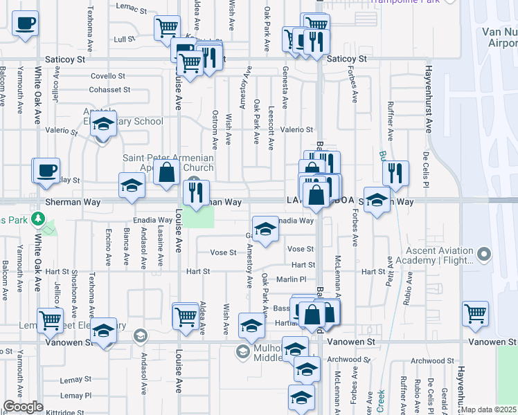 map of restaurants, bars, coffee shops, grocery stores, and more near 17042 Sherman Way in Los Angeles